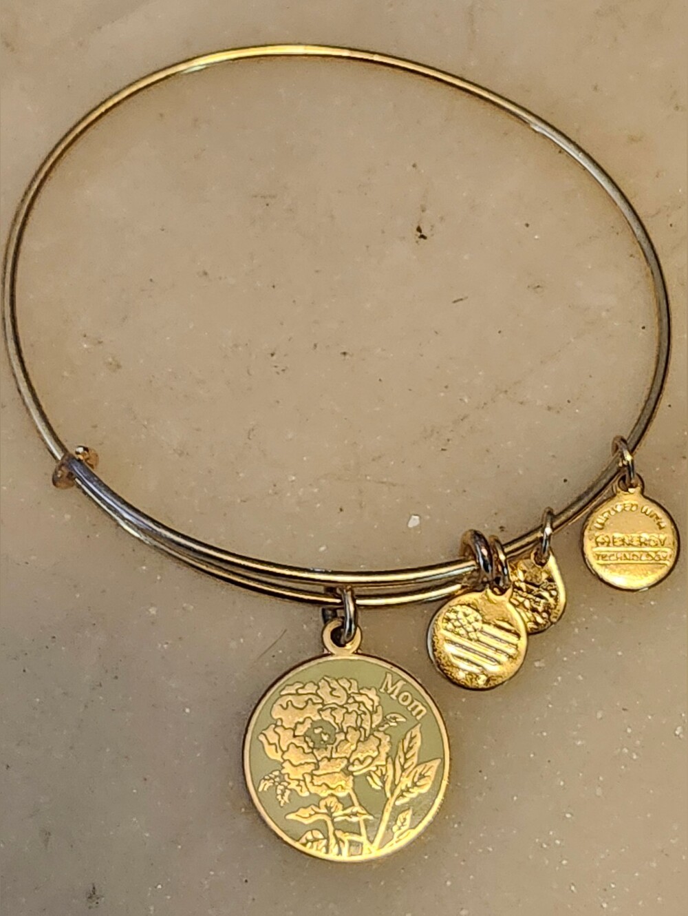 Alex And Ani Gold-Tone 'Mom' Floral Charm Adjustable Bangle Bracelet